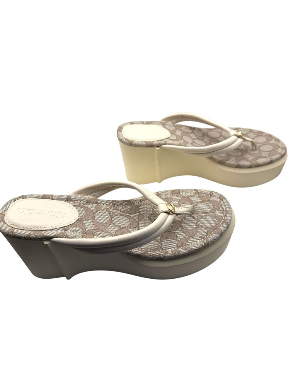Coach Frankie Signature Wedge Flip Flops Size 10 Beige Platform Sandals - Picture 5 of 6
